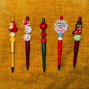 5 piece hand crafted beaded Festive Christmas Holiday Pens Set